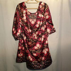 Retro Floral Print Tunic Blouse – 70s Style Satin Top with Drawstring Waist